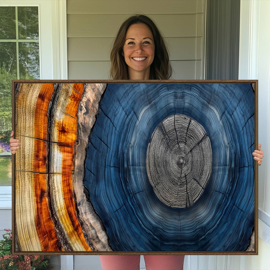 Vibrant Abstract Tree Rings in Orange, Brown, and Blue - Canvas Print for Nature Woodland Wall Decor.