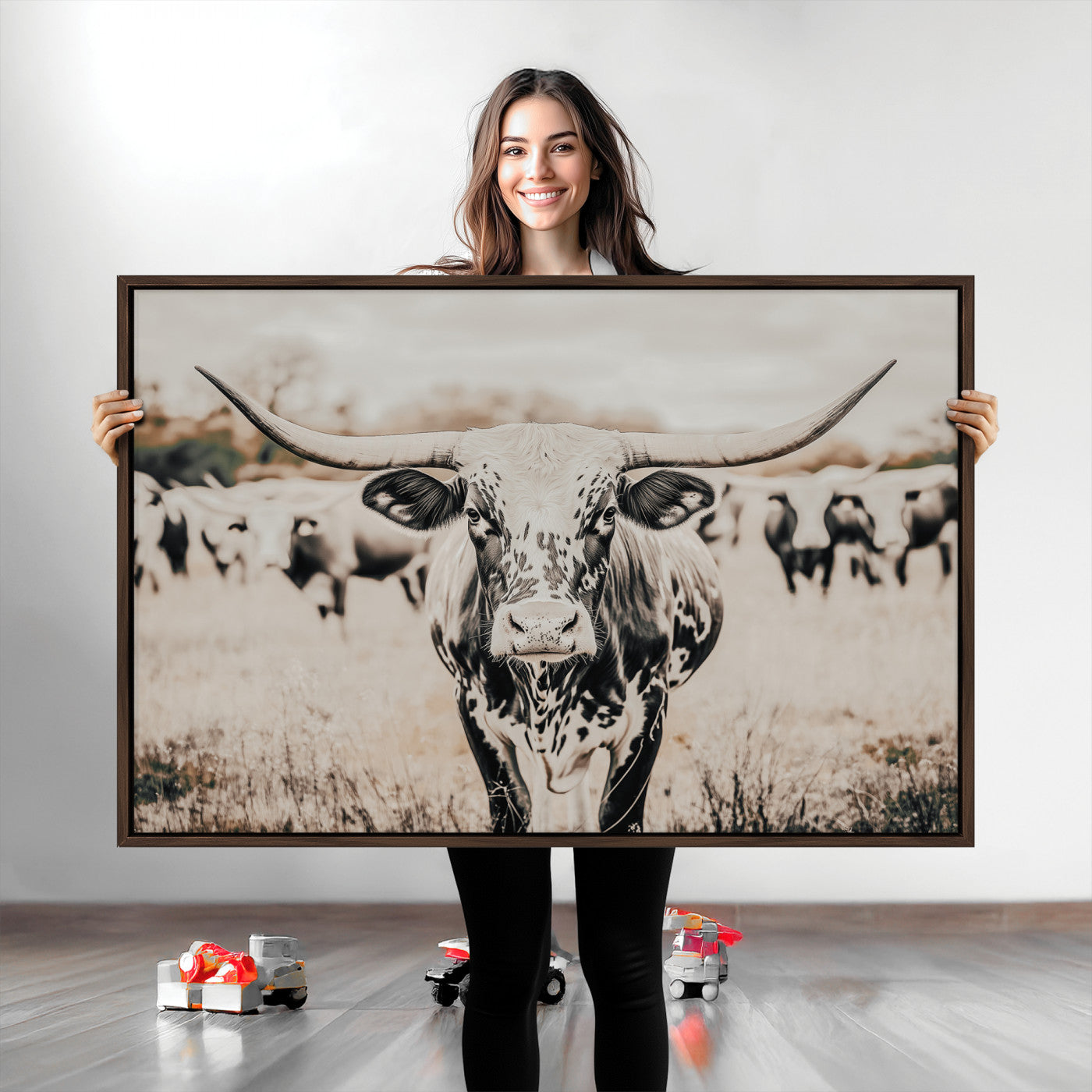 Texas Longhorn Wall Art Canvas Print, Framed Speckled Cow Art Picture Print, Horned Cattle Perfect Rustic Western Decor Artwork