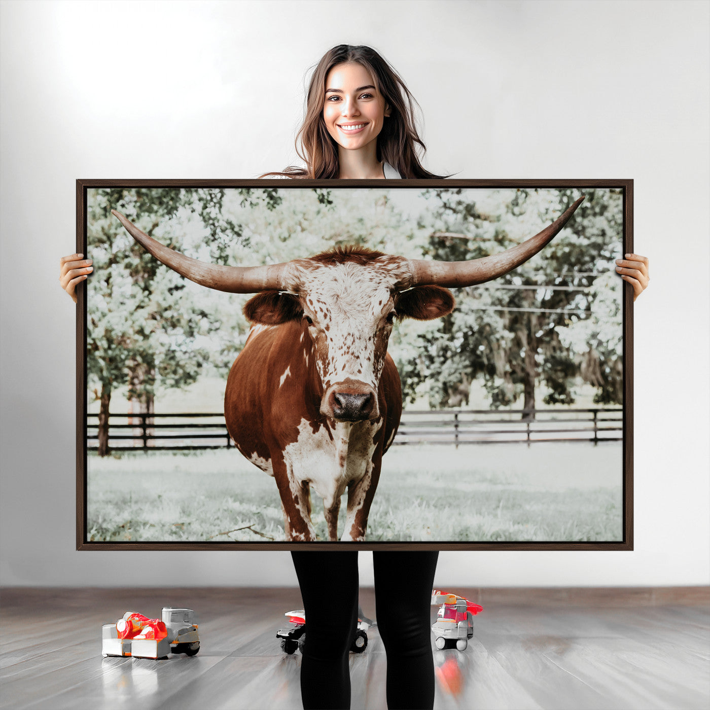 54757537-MGV-CV-36X24-Texas Longhorn Wall Art Canvas Print, Framed Spotted Cow Art Picture Print, Horned Cattle Perfect Rustic Western Decor Artwork