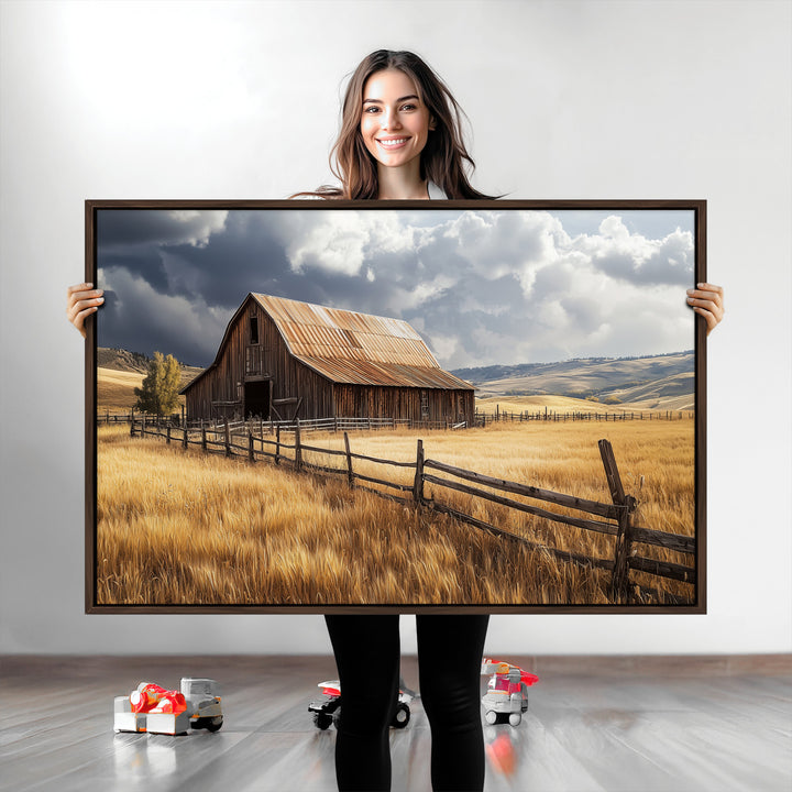 Rustic Barn Wall Art Canvas Print, Framed Moody Barn Art Picture Print, Golden Field Perfect Rustic Farmhouse Decor