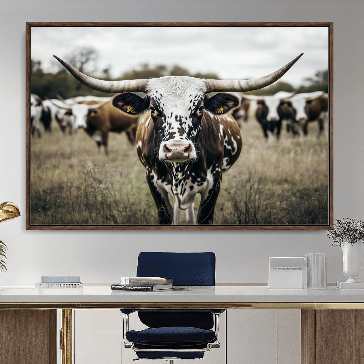 79025945-MGV-CV-36X24-Texas Longhorn Wall Art – Framed Speckled Cow Canvas Artwork, Horned Cattle Design, Western Ranch Decor for Home, Office