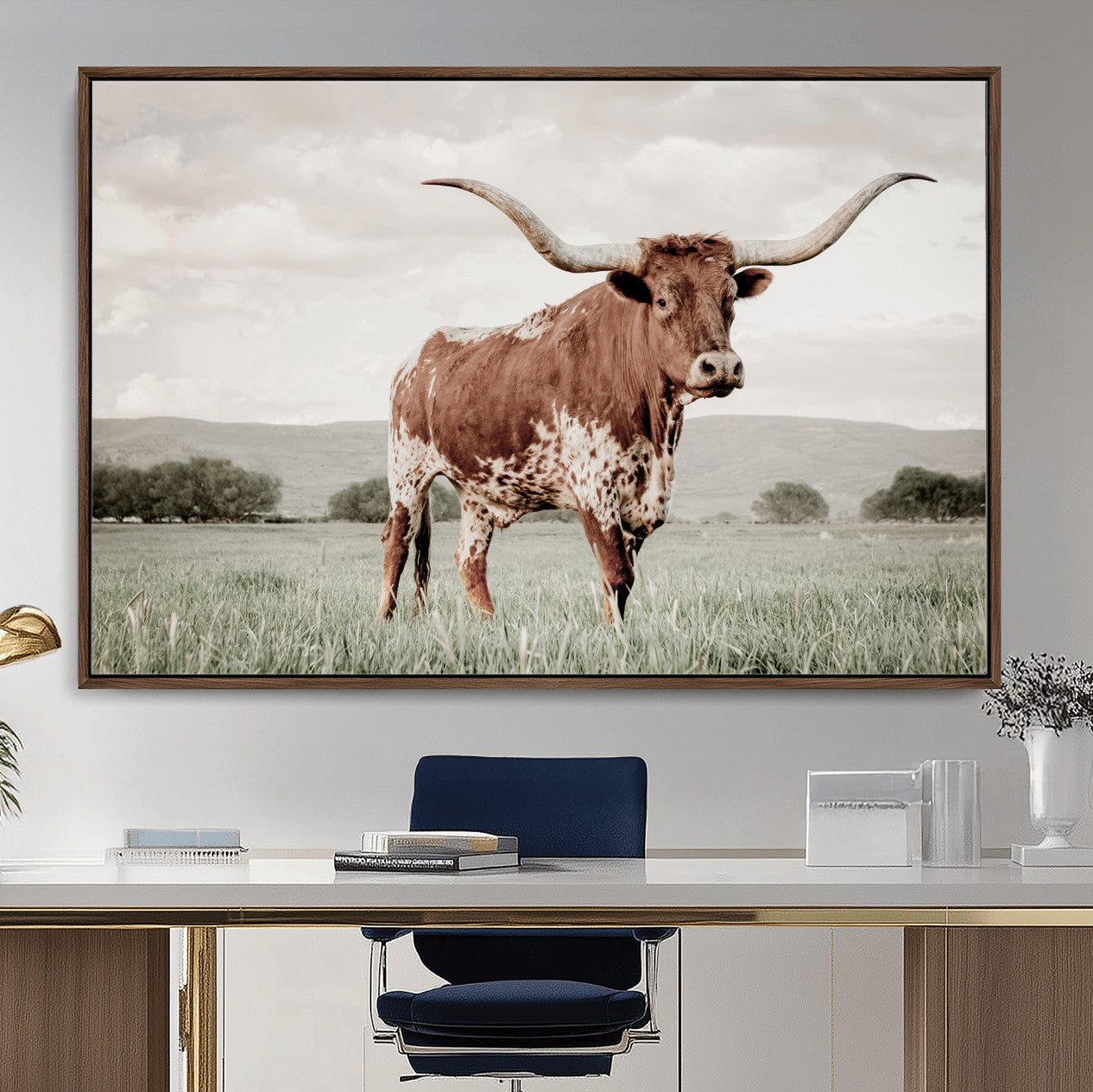 28309012-MGV-CV-36X24-Texas Longhorn Wall Art – Framed Spotted Cattle Canvas Artwork, Horned Bull Design, Western Ranch Decor for Home, Office