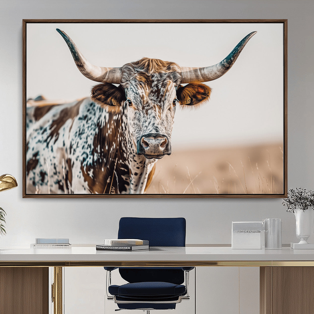 70414966-MGV-CV-36X24-Texas Longhorn Wall Art – Framed Speckled Cow Canvas Artwork, Horned Bull Design, Western Ranch Decor for Home, Office