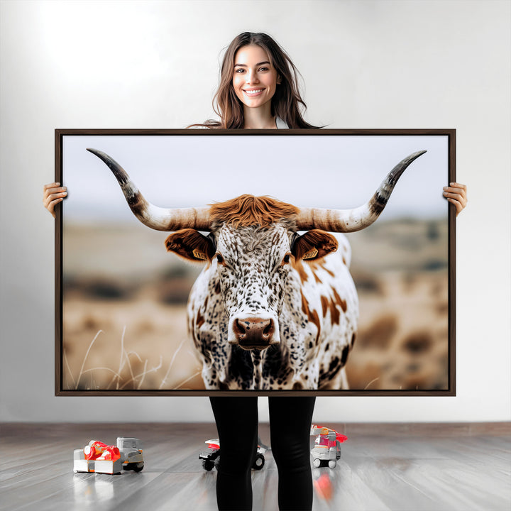 Texas Longhorn Wall Art Canvas Print, Framed Spotted Cow Art Picture Print, Horned Cattle Perfect Rustic Western Decor Artwork