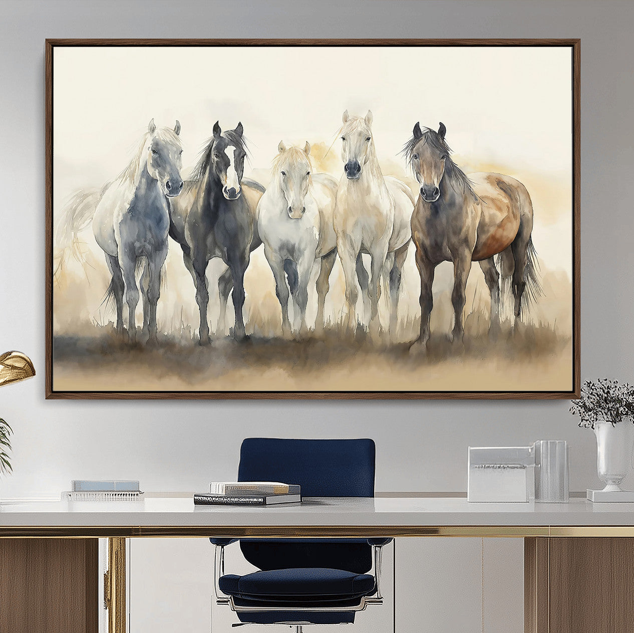 11177620-MGV-CV-36X24-Wild Horses Wall Art Canvas Print, Framed Running Horses Art Picture Print, Watercolor Horses Perfect Rustic Western Decor Artwork