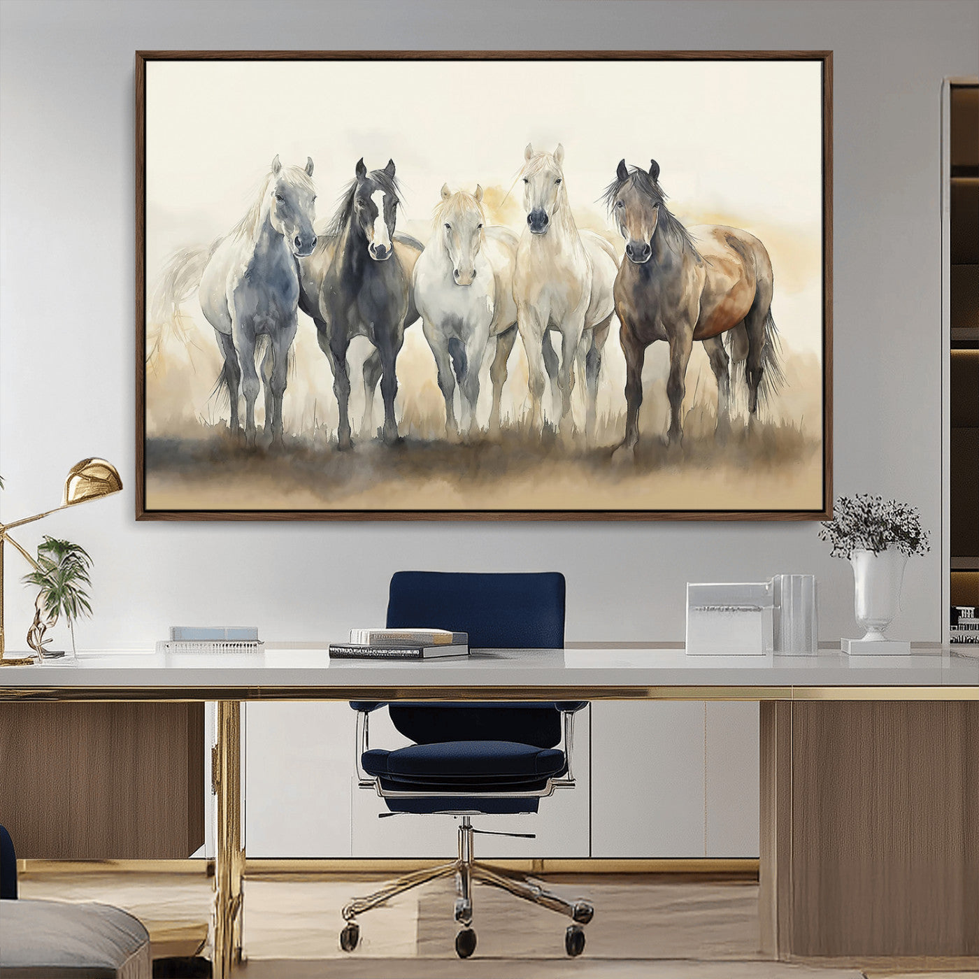 MGV-FC-36X24 - Wild Horses Wall Art Canvas Print, Framed Running Horses Art Picture Print, Watercolor Horses Perfect Rustic Western Decor Artwork