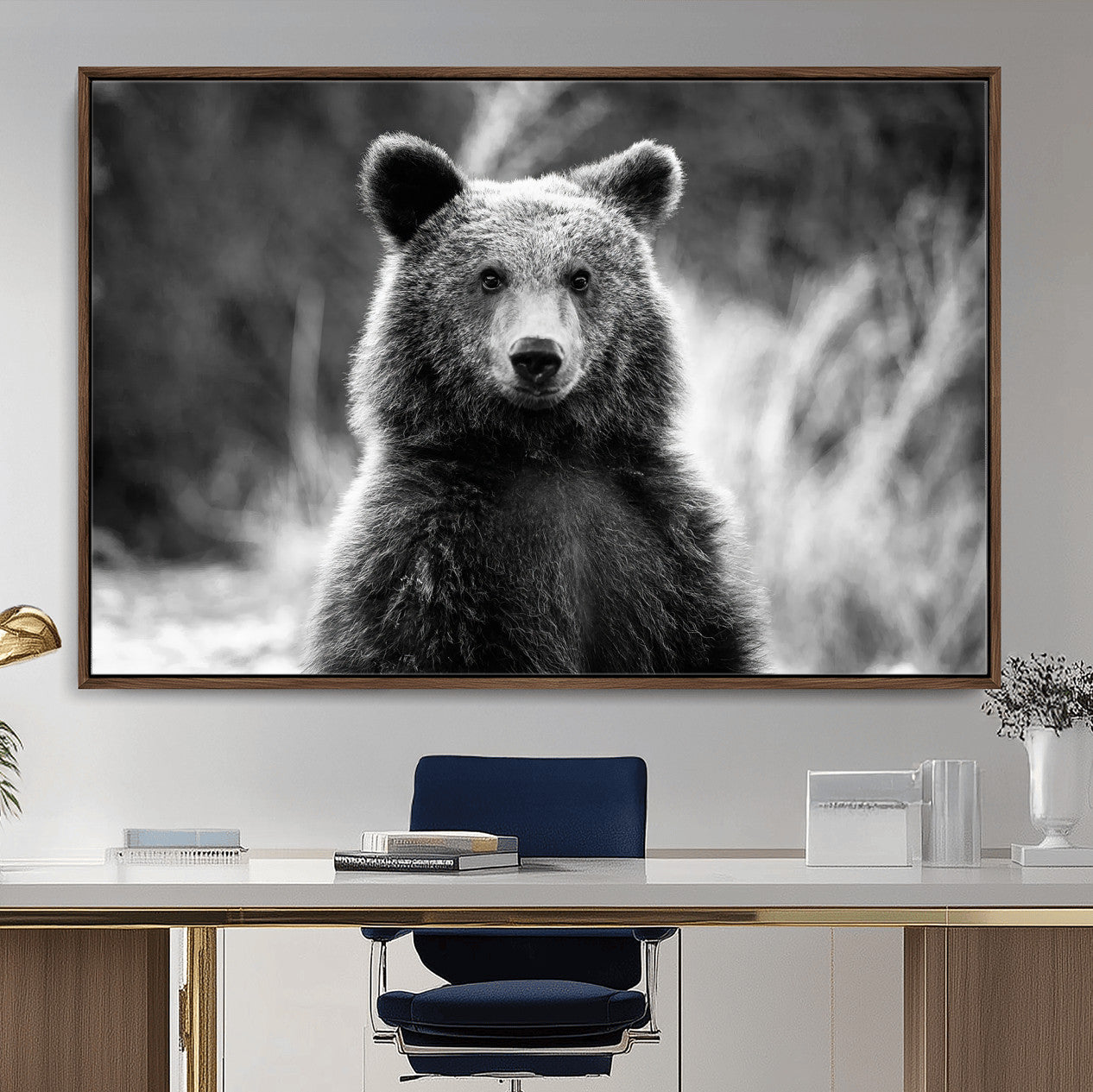 55656803-MGV-CV-36X24-Grizzly Bear Wall Art Canvas Print – Framed Black White Wildlife Rustic Nature Artwork for Home, Office Decor