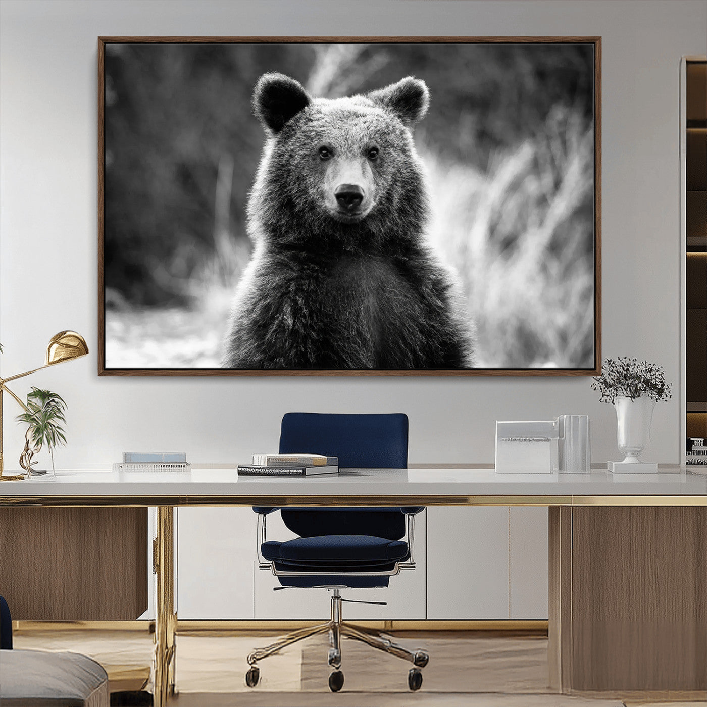 MGV-FC-36X24 - Grizzly Bear Wall Art Canvas Print, Framed Black White Bear Art Picture Print, Wild Bear Perfect Rustic Wildlife Decor Artwork