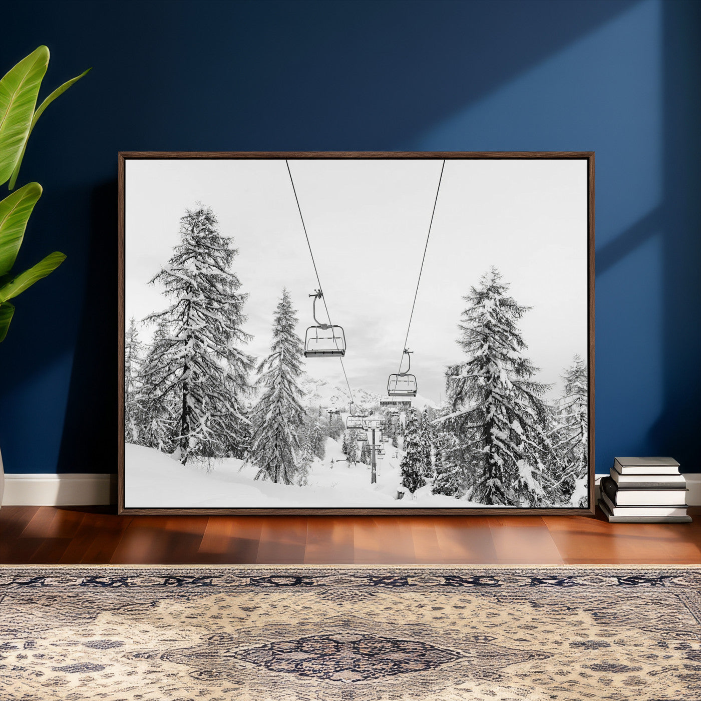 55003599-MGV-CV-36X24 - Snowy Ski Lift Wall Art – Framed Winter Forest Canvas Artwork, Peaceful Mountain Design, Modern Nature Decor for Home, Office