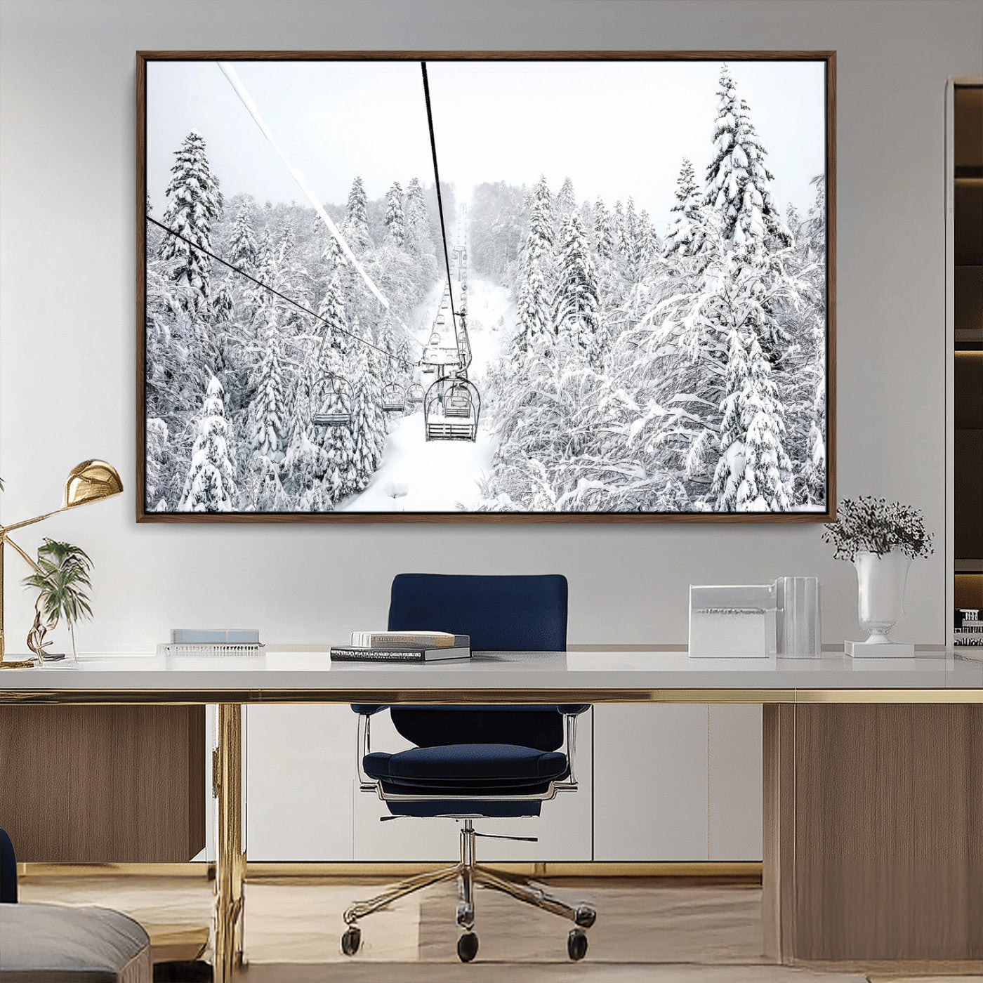 MGV-FC-36X24 - Snowy Mountains Wall Art Canvas Print, Framed Ski Lift Art Picture Print, Winter Forest Perfect