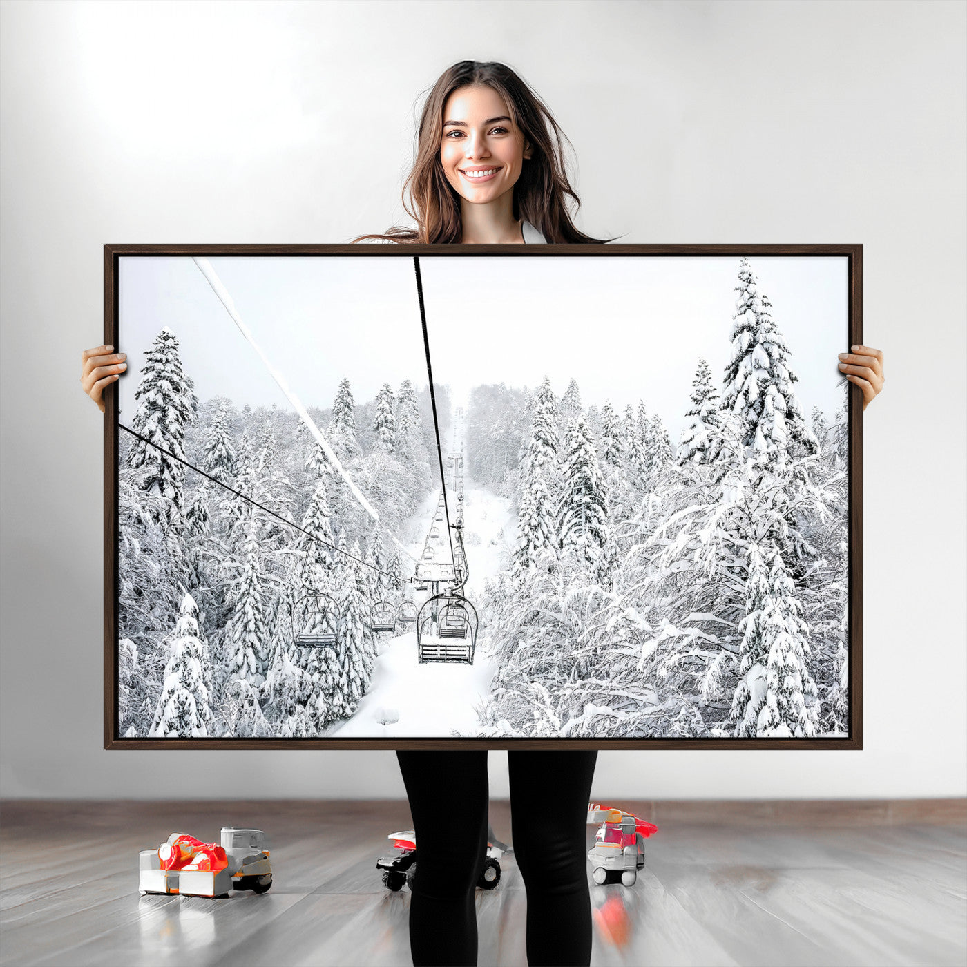 Snowy Mountains Wall Art Canvas Print, Framed Ski Lift Art Picture Print, Winter Forest Perfect Winter Minimalist Decor, Ski Lift Canvas