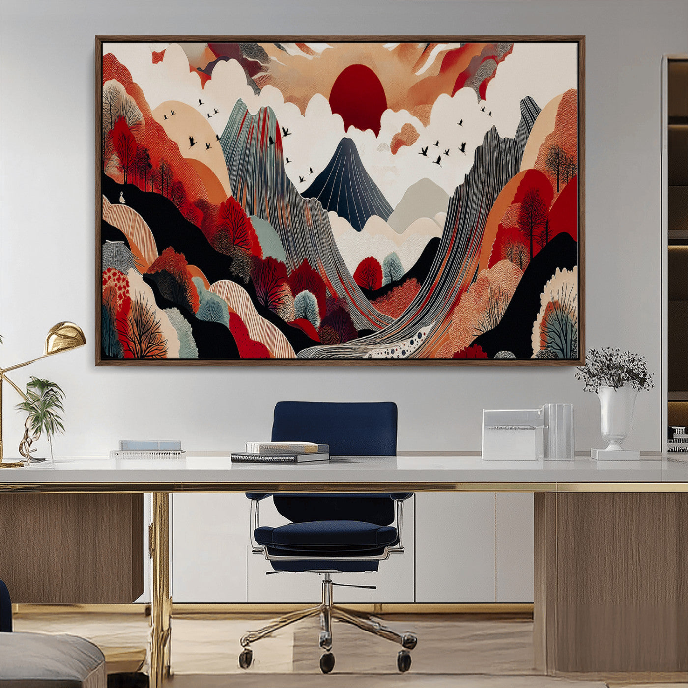 MGV-FC-36X24 - Abstract Mountain Wall Art Canvas Print, Framed Vibrant Landscape Art Picture Print, Stylized Nature Drawing Perfect Contemporary Minimalist Decor Artwork