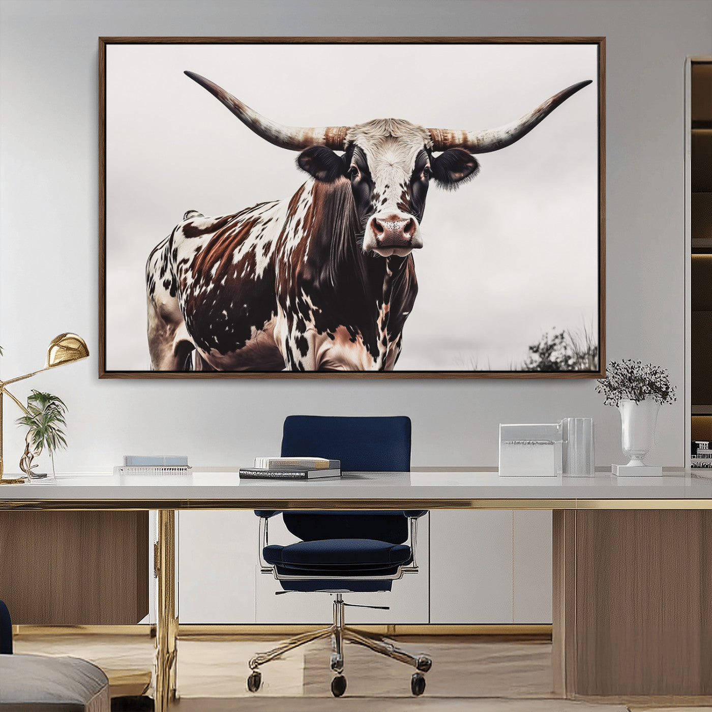 MGV-FC-36X24 - Texas Longhorn Wall Art Canvas Print, Framed Spotted Bull Art Picture Print, Horned Cattle Perfect Rustic Farmhouse Decor Artwork