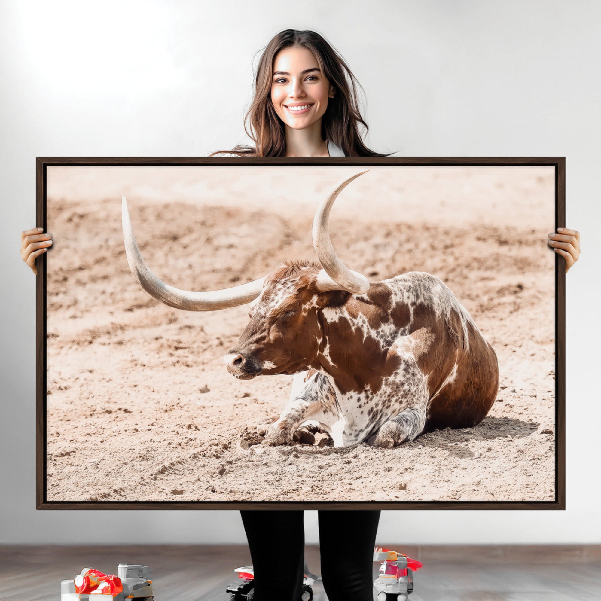 91248682-MGV-CV-36X24-Texas Longhorn Wall Art Canvas Print – Framed Resting Bull Spotted Cattle Western Ranch Animal Artwork for Home Office