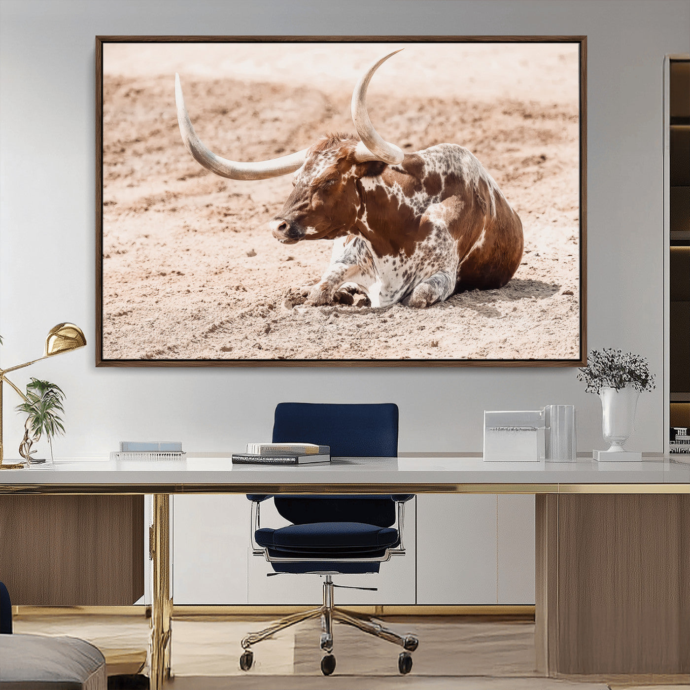 MGV-FC-36X24 - Texas Longhorn Wall Art Canvas Print, Framed Resting Bull Art Picture Print, Spotted Cattle Perfect Rustic Western Decor Artwork