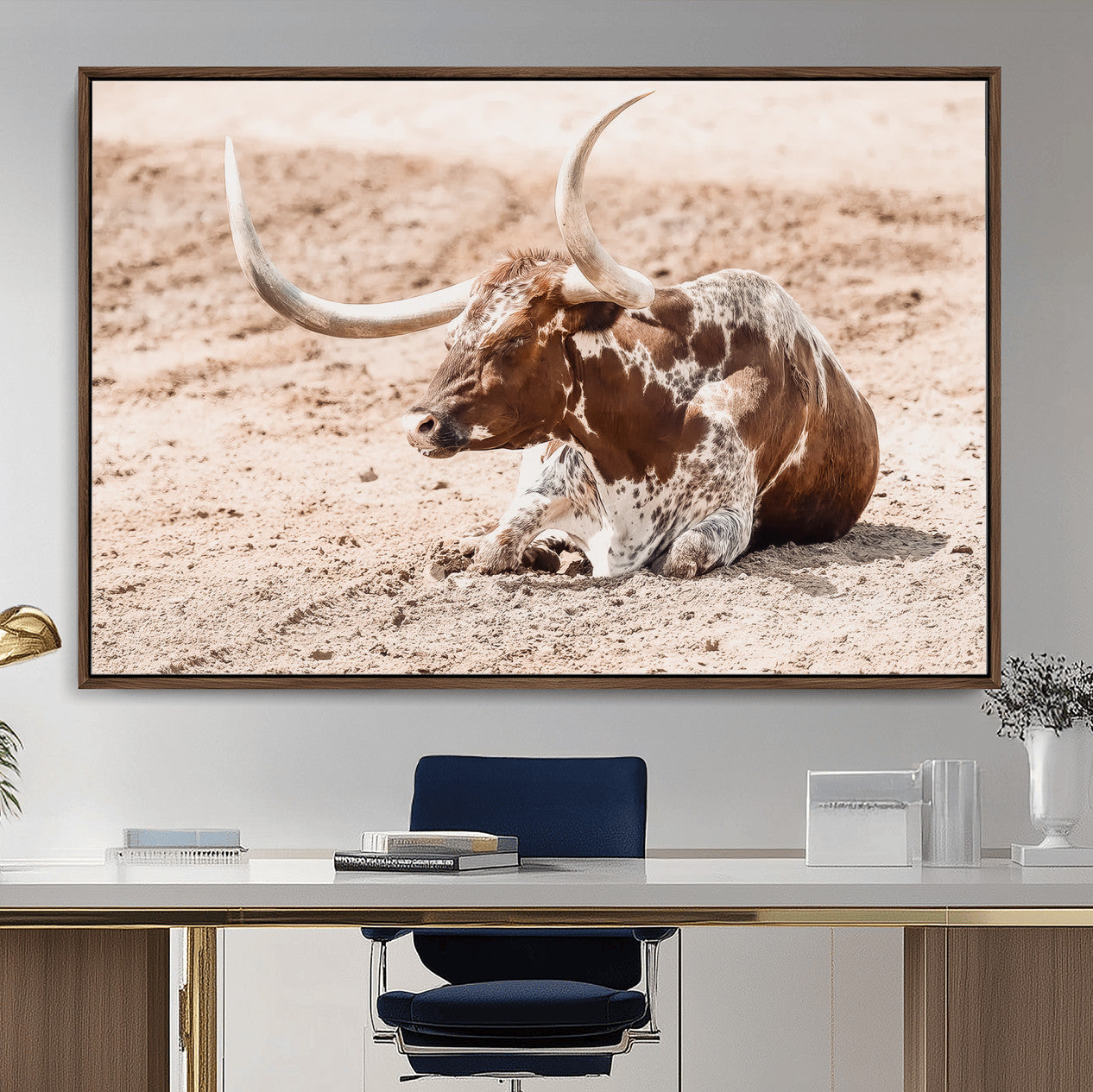 91248682-MGV-CV-36X24-Texas Longhorn Wall Art Canvas Print – Framed Resting Bull Scene with Spotted Cattle Artwork for Home, Office