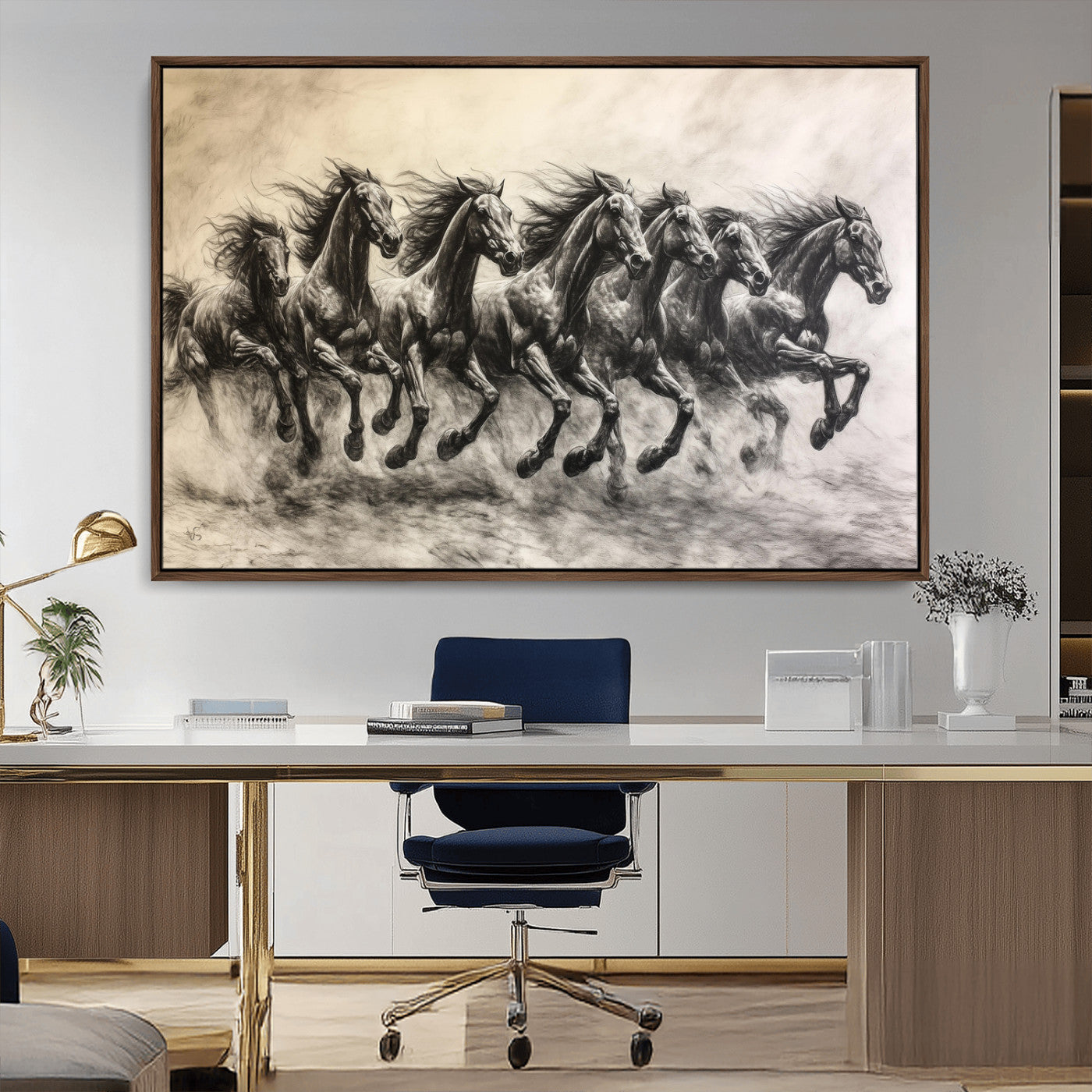 MGV-FC-36X24 - Galloping Horses Wall Art Canvas Print, Framed Wild Stallions Art Picture Print, Horse Herd Sketch Perfect Monochrome Dynamic Decor Artwork