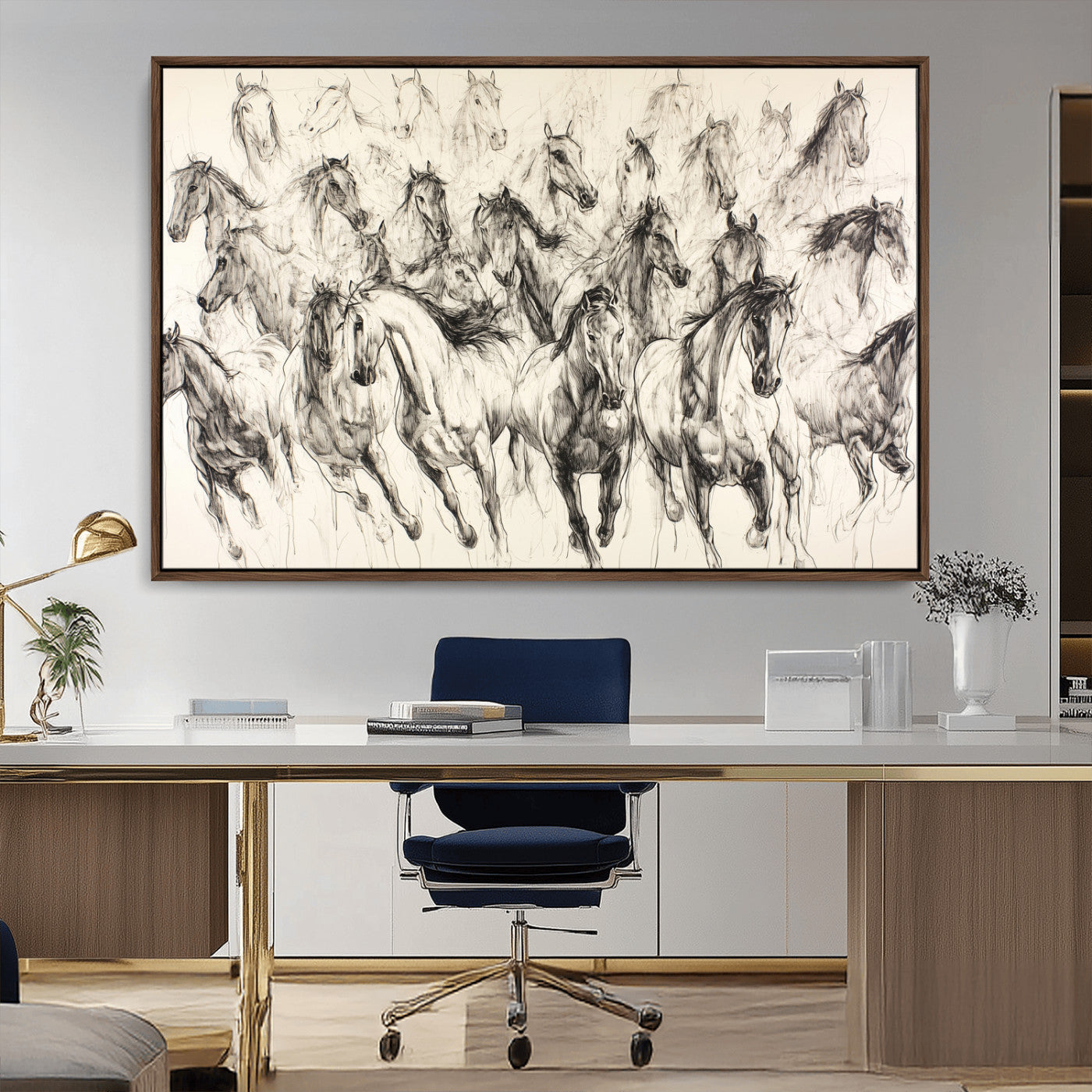 MGV-FC-36X24 - Running Horses Wall Art Canvas Print, Framed Horse Sketch Art Picture Print, Galloping Herd Perfect Monochrome Western Decor Artwork