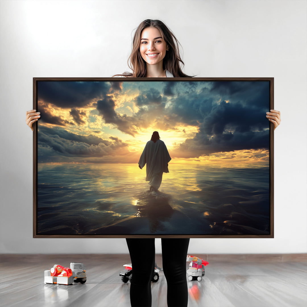 Jesus Walks Wall Art Canvas Print, Framed Divine Sunset Art Picture Print, Spiritual Light Perfect Spiritual Tranquil Decor Artwork