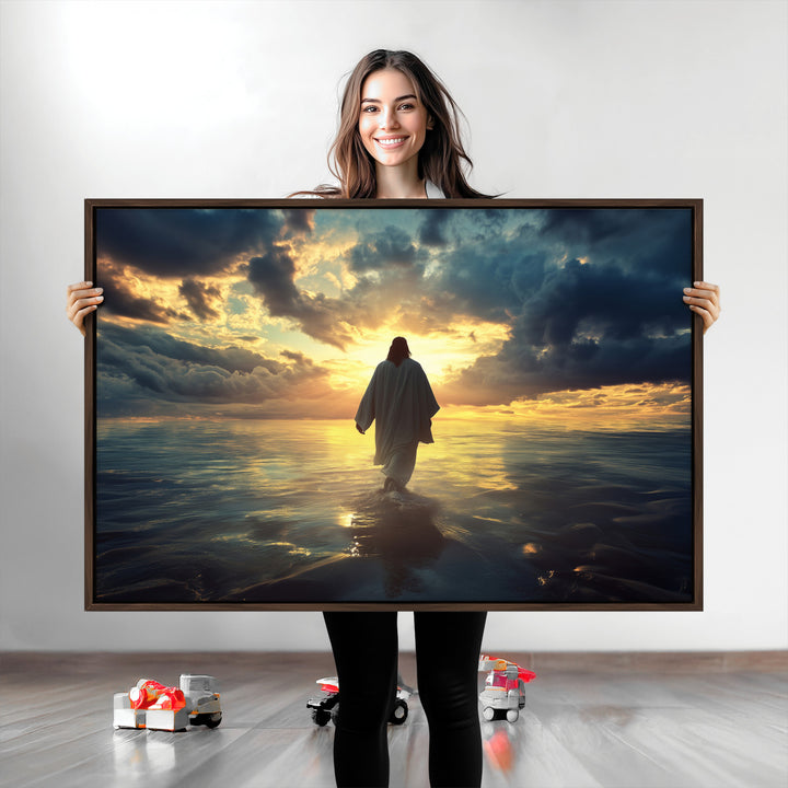 Jesus Walks Wall Art Canvas Print, Framed Divine Sunset Art Picture Print, Spiritual Light Perfect Spiritual Tranquil Decor Artwork