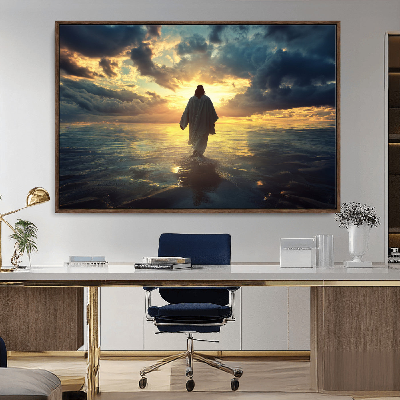 Spiritual artwork of Jesus walking on water at golden hour with divine light, ideal for Christian home decor or prayer room.