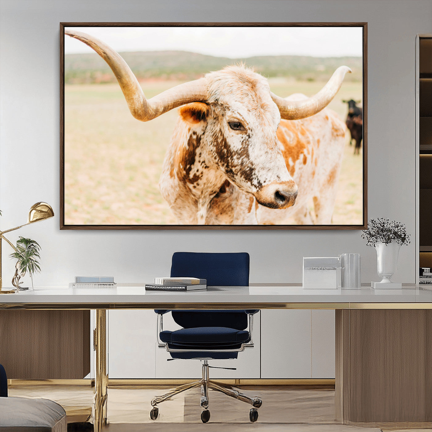 Close-up of a speckled Texas Longhorn in warm prairie tones, perfect for rustic western or countryside-themed room decor.