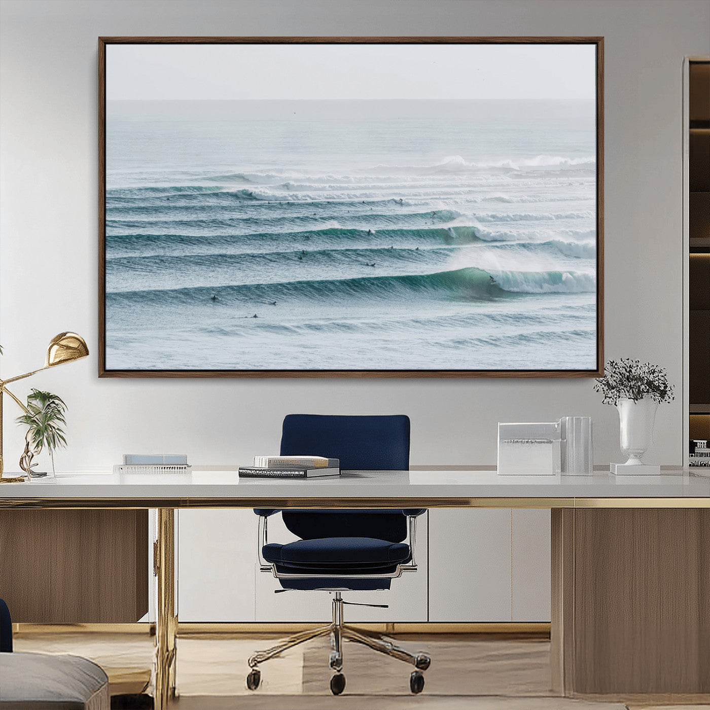 High-angle view of surfers lining up across layered ocean waves, ideal for minimal coastal or surf-inspired room decor.