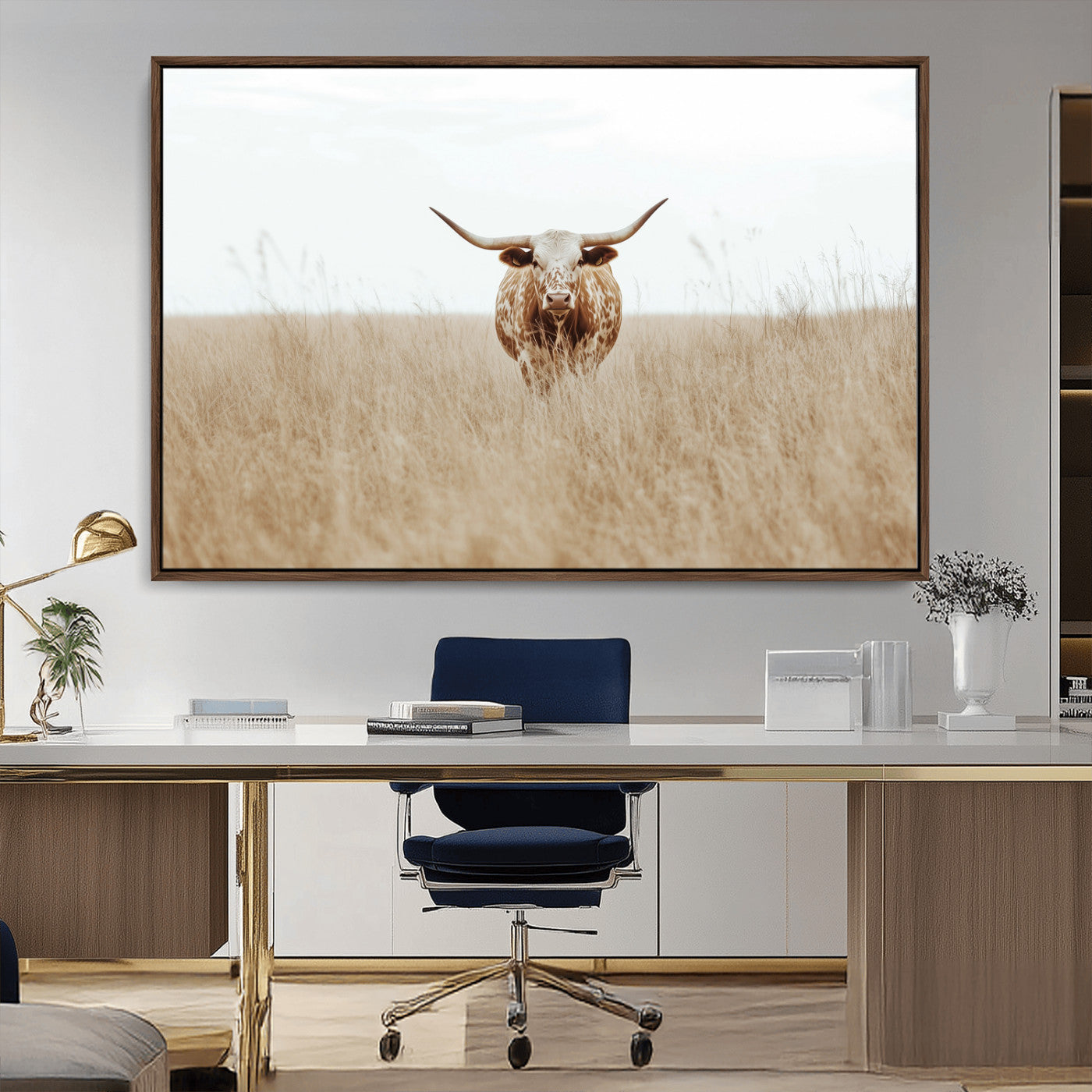 Texas Longhorn bull standing alone in dry grass with neutral tones, ideal for rustic western or cowboy-themed wall decor.
