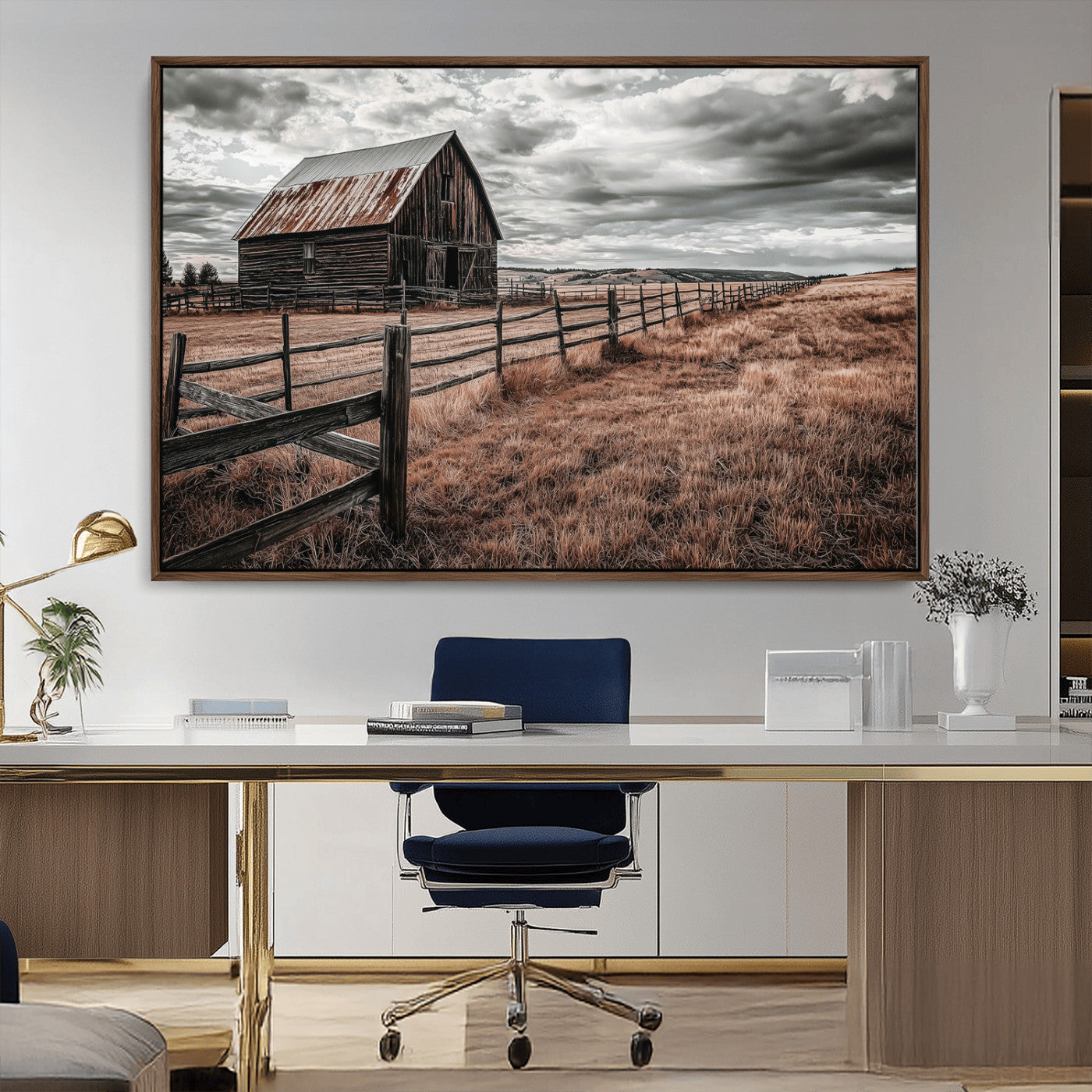 Framed canvas of a rustic barn under a moody sky with weathered fence and dark fields, ideal for farmhouse or rural-style wall decor.