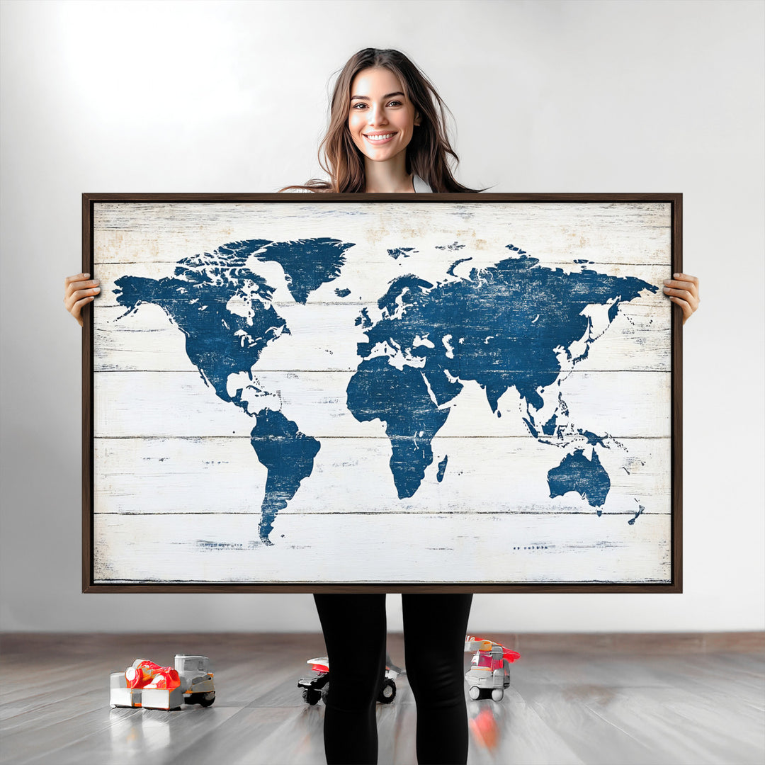 World Map Wall Art Canvas Print, Framed Rustic Atlas Art Picture Print, Wooden Map Perfect Vintage Decor Artwork