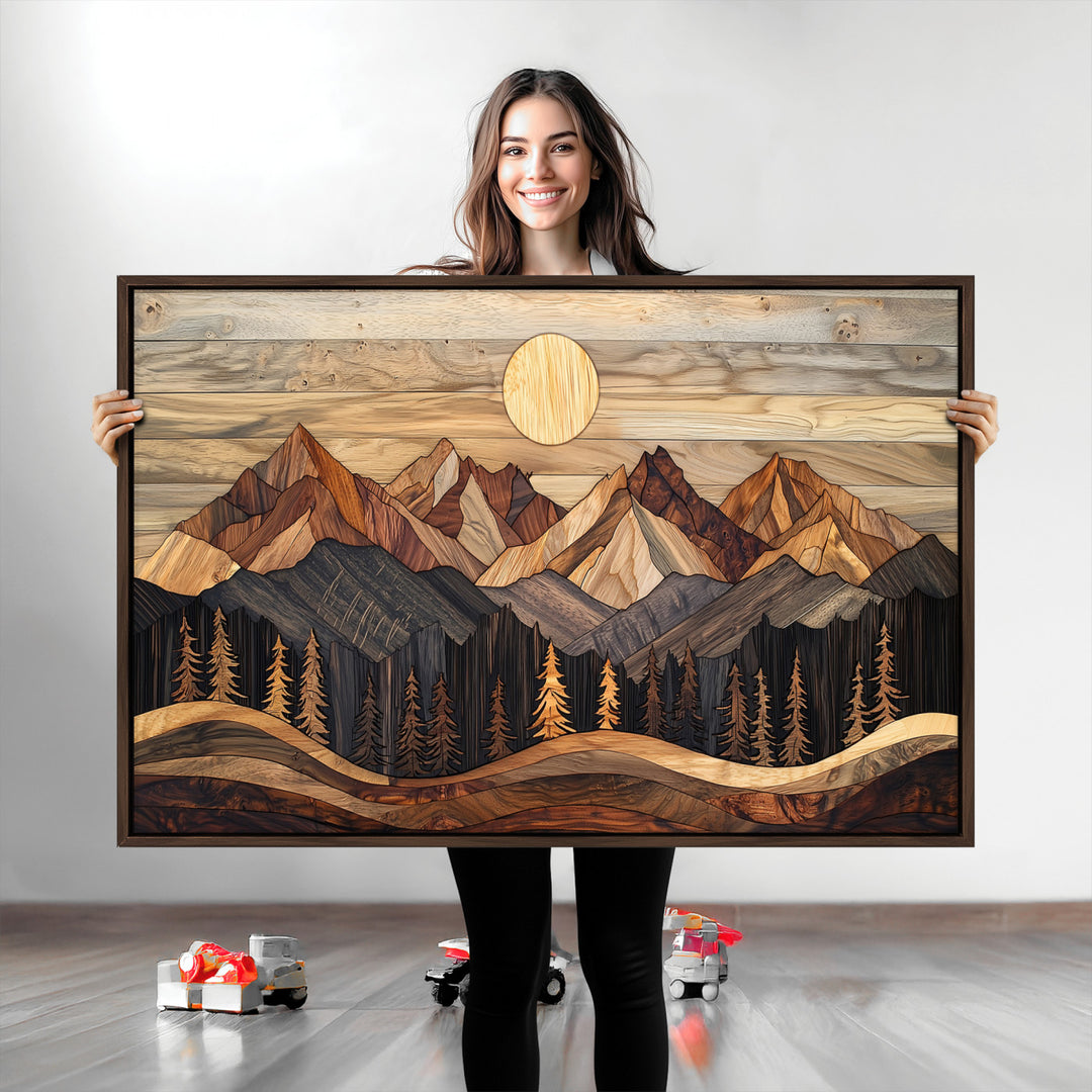 Wood Mountain Wall Art Canvas Print, Framed Boho Wood Art Print, Abstract Woodland Farmhouse Decor