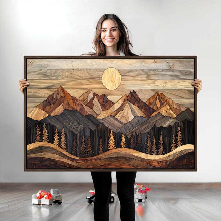 Wood Mountain Wall Art Canvas Print, Framed Boho Wood Art Print, Abstract Woodland Farmhouse Decor