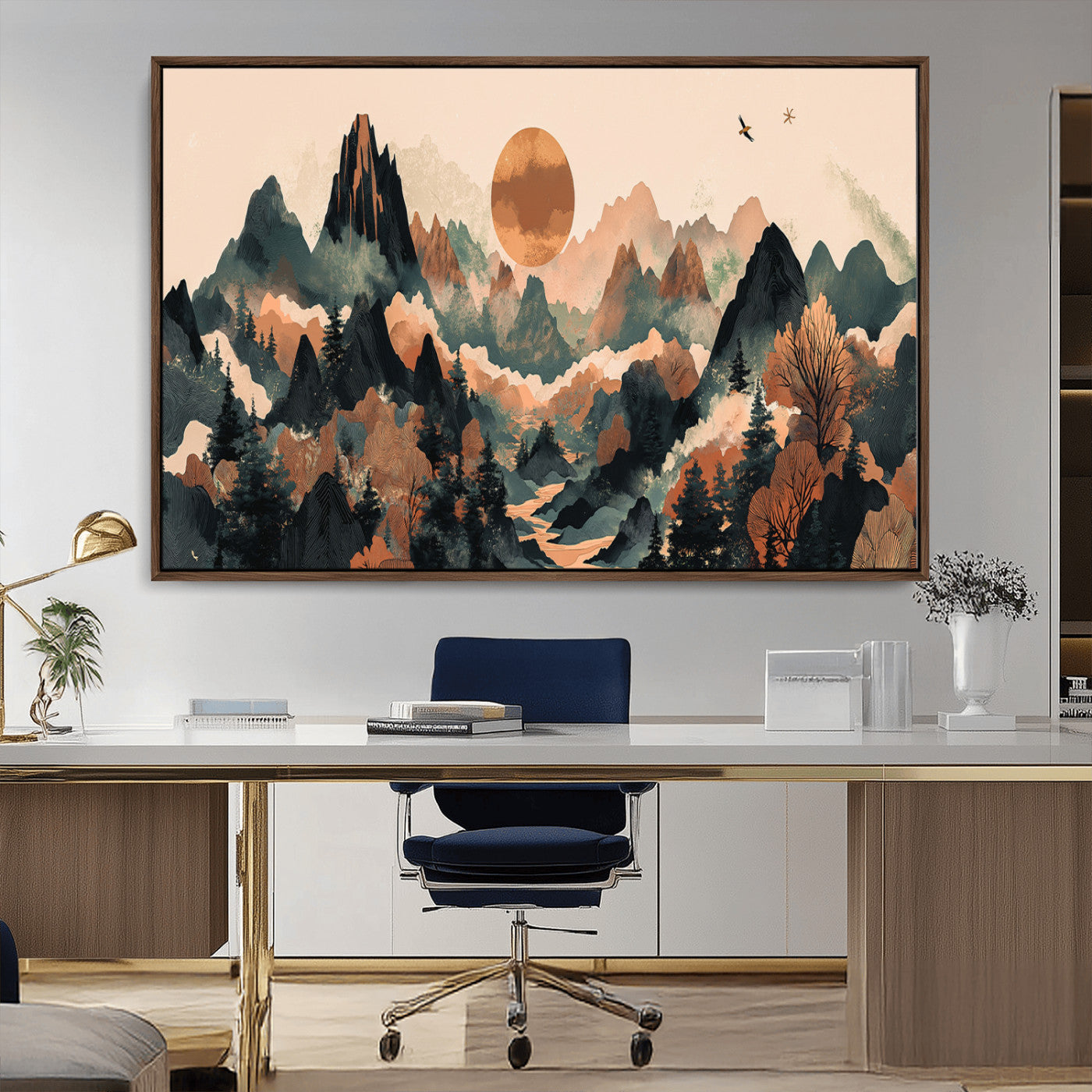 MGV-FC-36X24 - Wood Mountain Landscape Wall Art Canvas Print, Framed Sunset Hills Art Picture Print, Abstract Nature Perfect Boho Decor Artwork