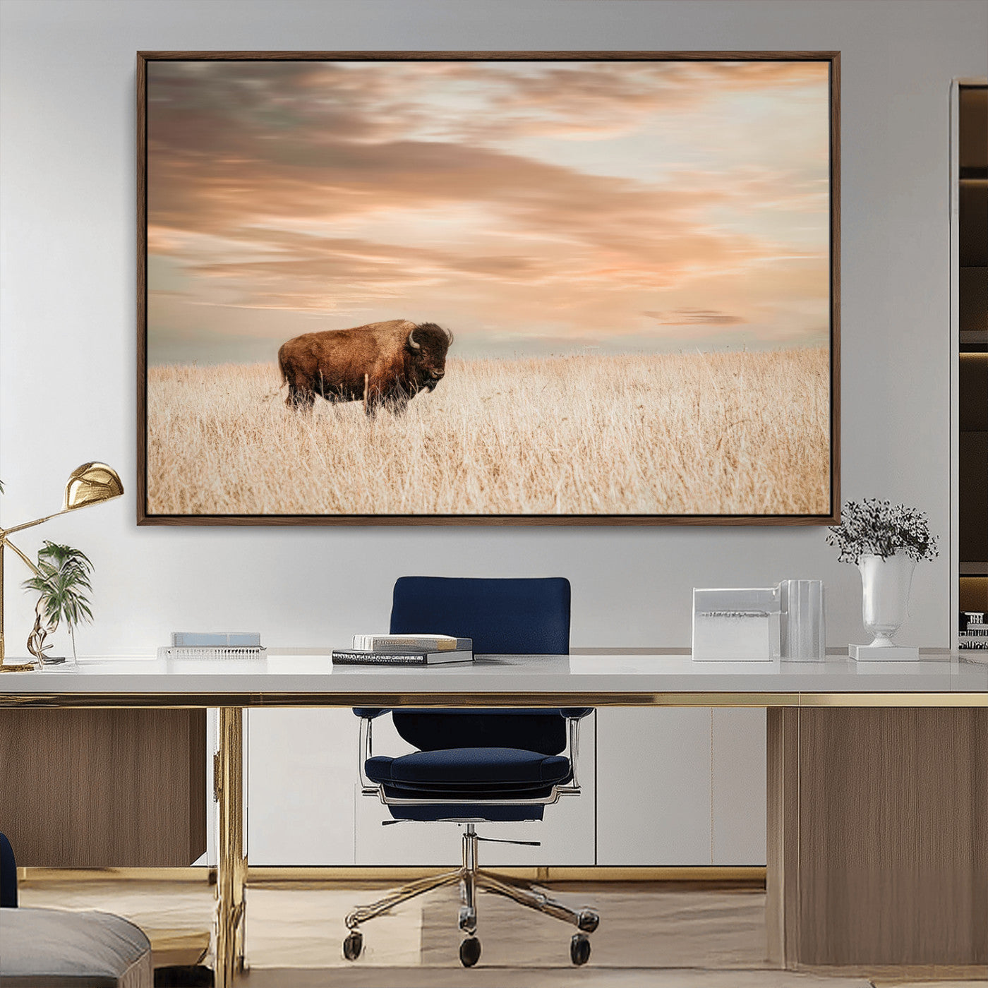 MGV-FC-36X24 - Bison Wall Art Canvas Print, Framed Buffalo Art Picture Print, Western Prairie Perfect Rustic Decor Artwork