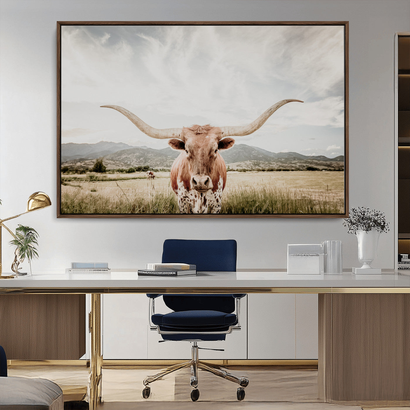 MGV-FC-36X24 - Texas Longhorn Wall Art Canvas Print, Framed Western Cow Art Picture Print, Rustic Farmhouse Perfect Farmhouse Decor Artwork