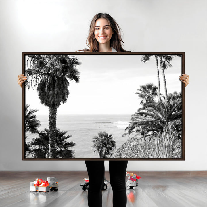 Palm Trees Wall Art Canvas Print, Framed Coastal Art Picture Print, Ocean Horizon Perfect Monochrome Coast Decor