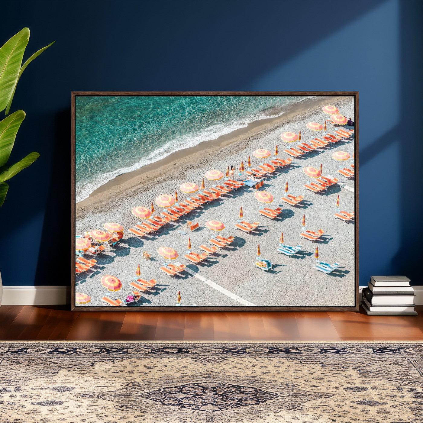 27805351-MGV-CV-36X24 - Beach Umbrellas Wall Art – Orange Loungers & Turquoise Water Canvas Print, Sandy Shore and Summer Vibes