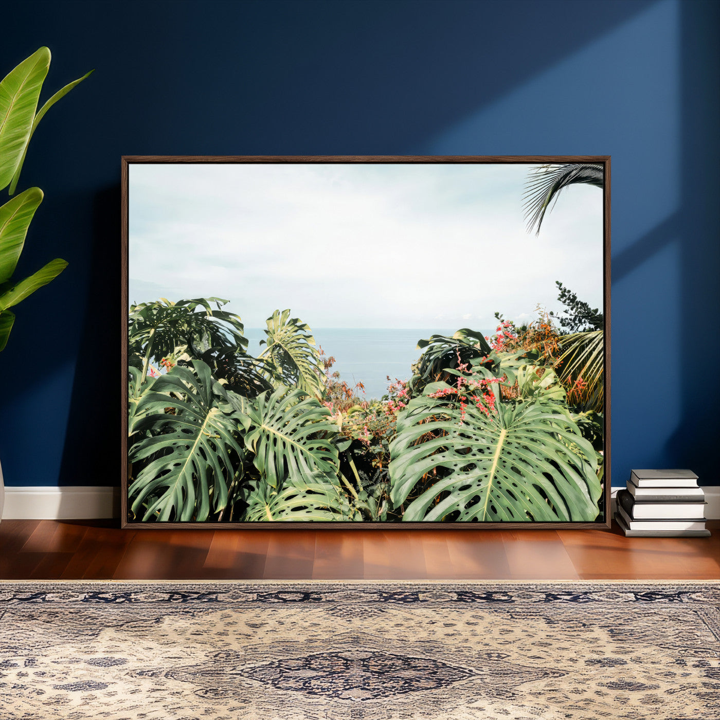 45700479-MGV-CV-36X24 - Tropical Greenery Wall Art – Exotic Leaves & Ocean View Canvas Print, Sunlit Paradise and Vibrant Nature for Living Room or Coastal Decor
