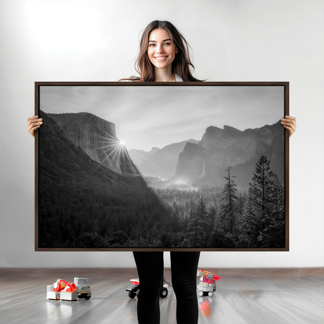 Yosemite Valley Wall Art Canvas Print, Framed El Capitan Sunrise Print, Framed Misty Mountain Art Print, Large Monochrome Valley Printing