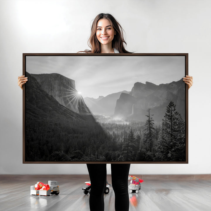 Yosemite Valley Wall Art Canvas Print, Framed El Capitan Sunrise Print, Framed Misty Mountain Art Print, Large Monochrome Valley Printing