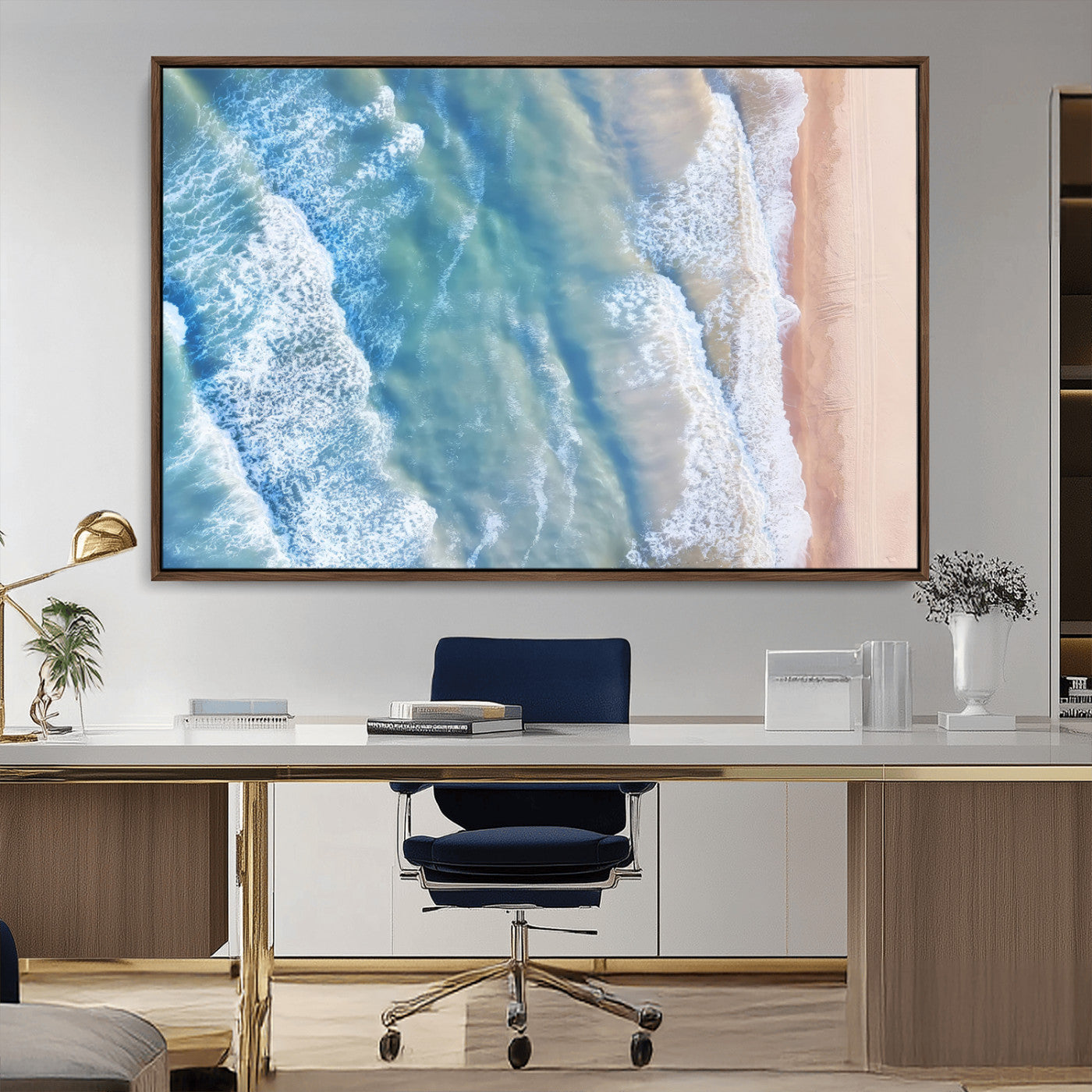 MGV-FC-36X24 - Aerial Ocean View Wall Art Canvas Print, Framed Soft Blue Waves Art Picture Print, Sandy Shoreline Perfect Modern Coastal Decor Artwork