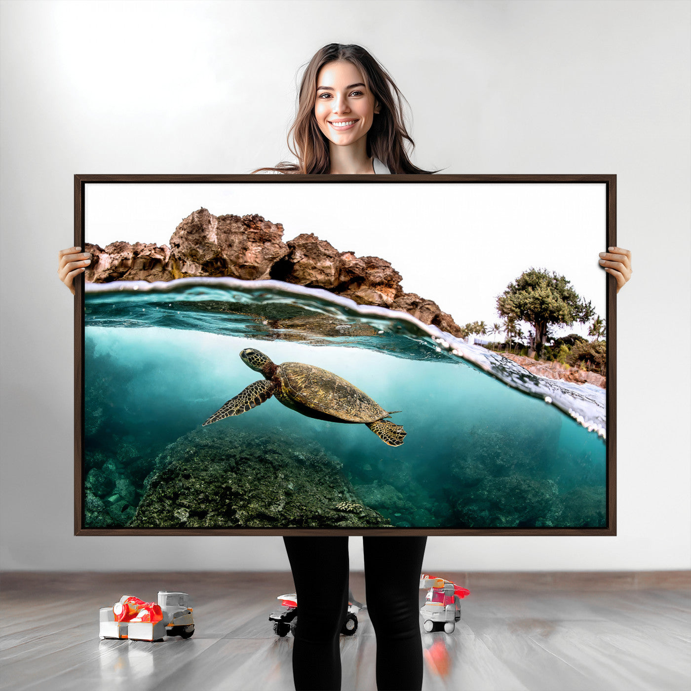 44200301-MGV-CV-36X24-Sea Turtle Wall Art Canvas Print, Framed Ocean Life Art Picture Print, Tropical Perfect Coastal Decor