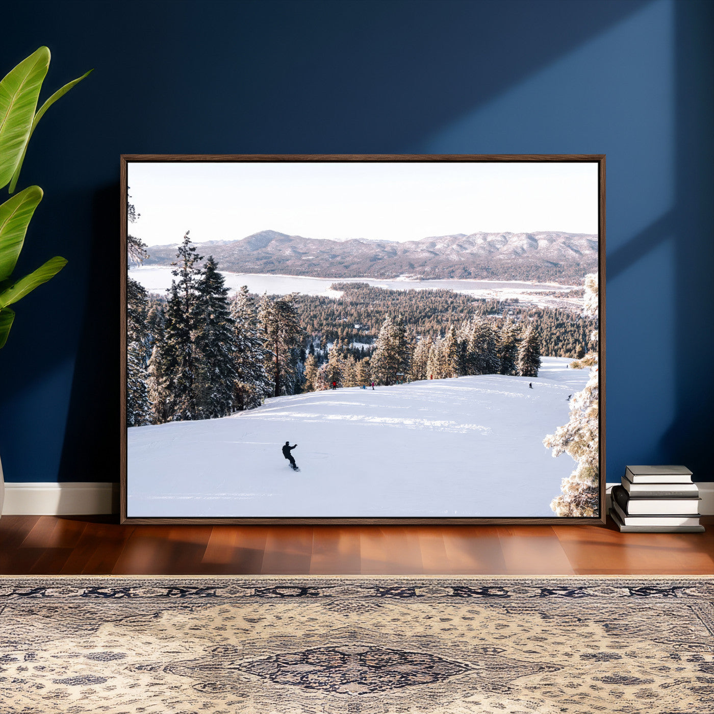 79857868-MGV-CV-36X24 - Snowboarder Wall Art – Winter Slope Canvas Print, Pine Forest, Snow-Covered Mountains, Outdoor Adventure for Living Room or Cabin Decor