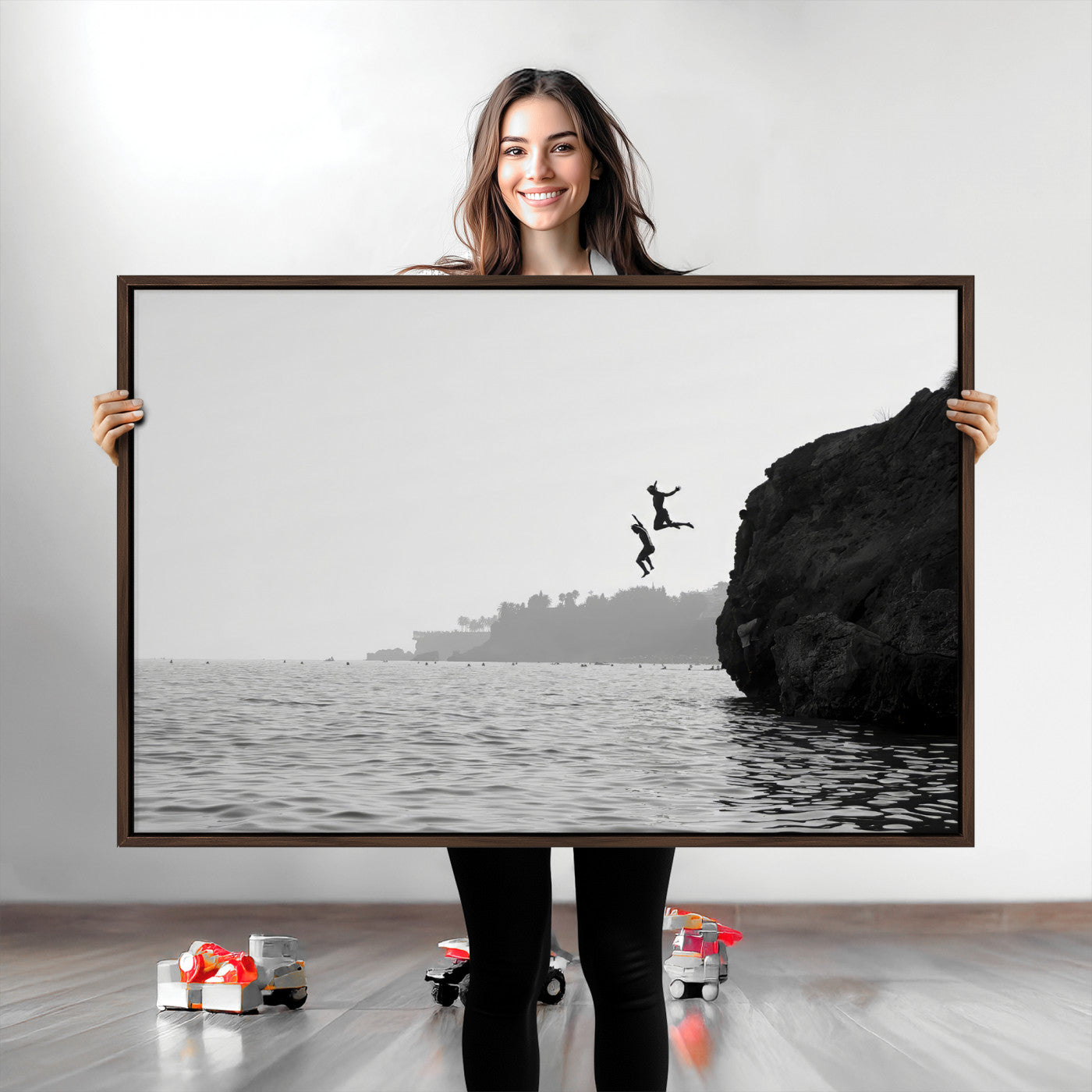 52284302-MGV-CV-36X24-Jumping Wall Art Canvas Print, Framed Ocean Art Picture Print, Coastal Perfect Coastal Decor, Framed Cliff Diving Wall Art