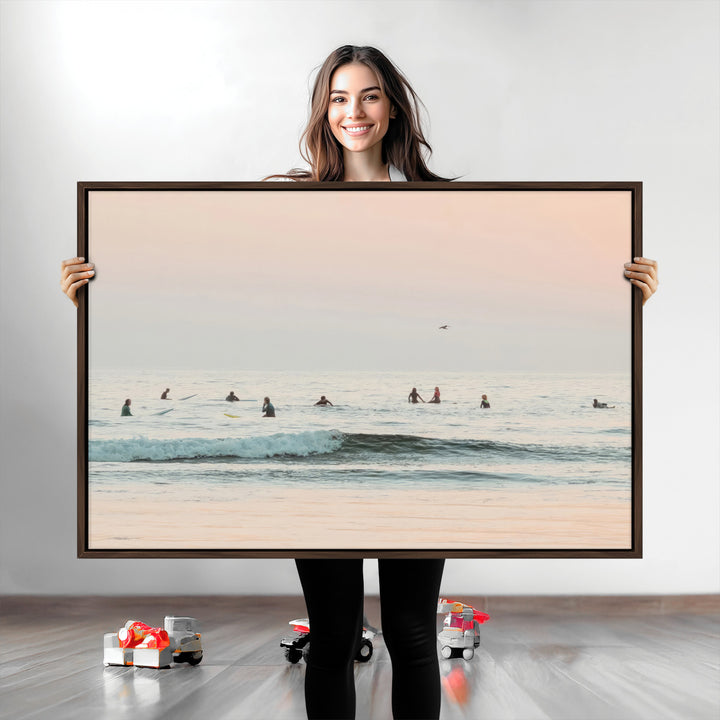 Pastel Ocean Wall Art Canvas Print, Framed Soft Sunset Art Picture Print, Calm Sea Perfect minimalist Decor