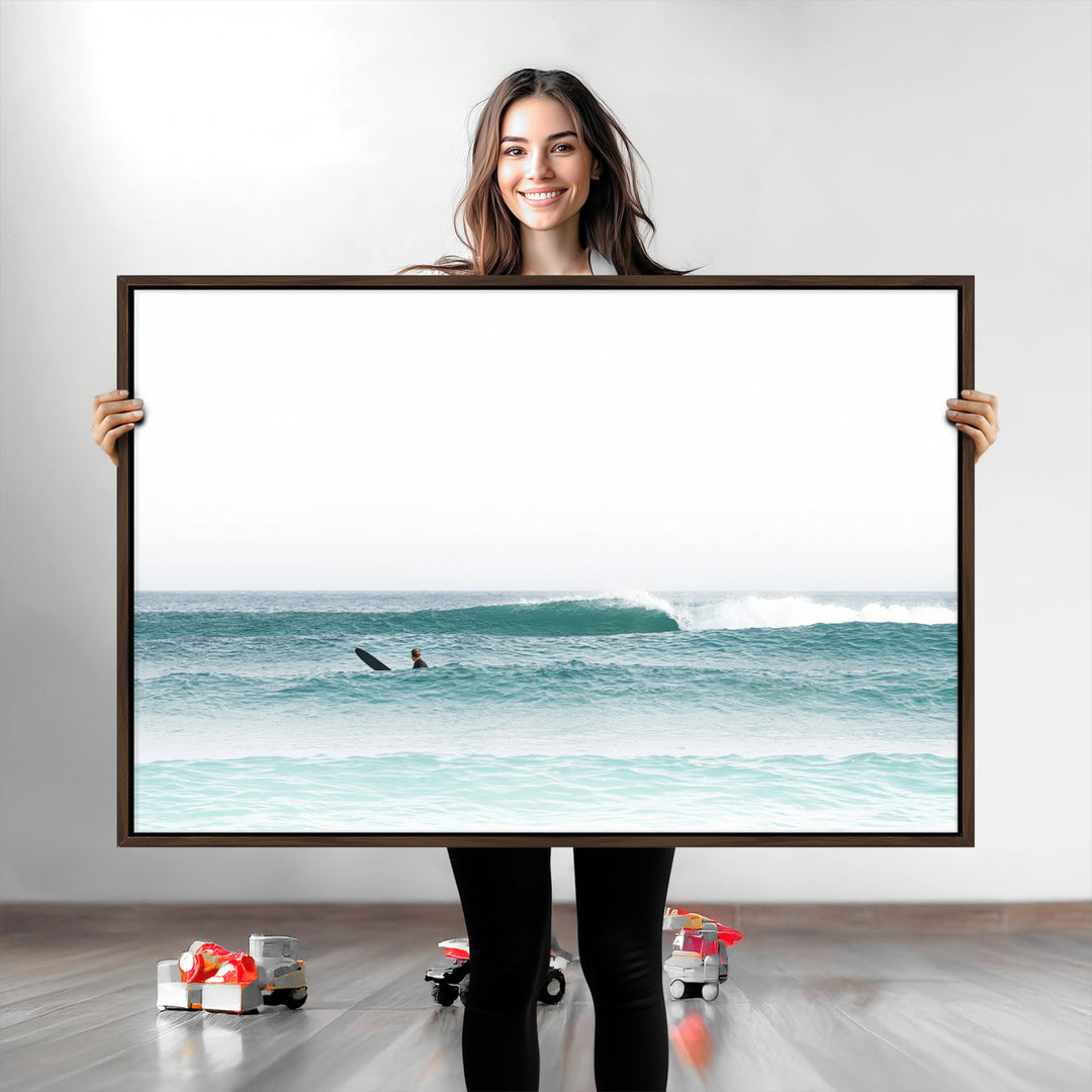 Surfing Wall Art Canvas Print, Framed Ocean Art Picture Print, Waves Perfect Minimalist Decor