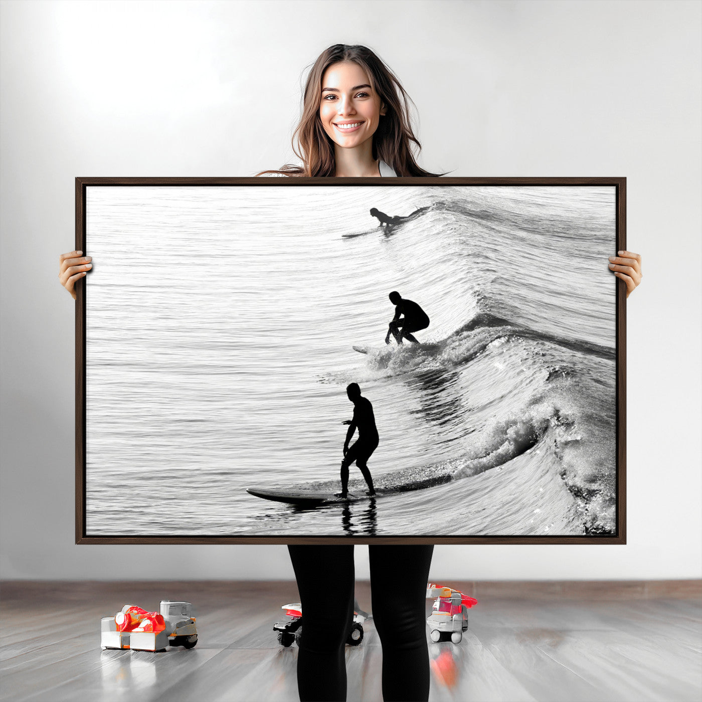19875284-MGV-CV-36X24-Surfers on Waves Wall Art Canvas Print, Framed Black White Surf Art Picture Print, Monochrome Ocean Perfect Modern Coastal Decor, Surfers on
