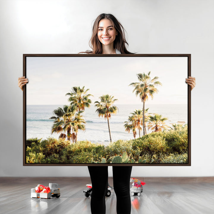 California Coast Wall Art Canvas Print, Framed Palm Trees Art Picture Print, Coastal Landscape Perfect Coastal Minimalist Decor