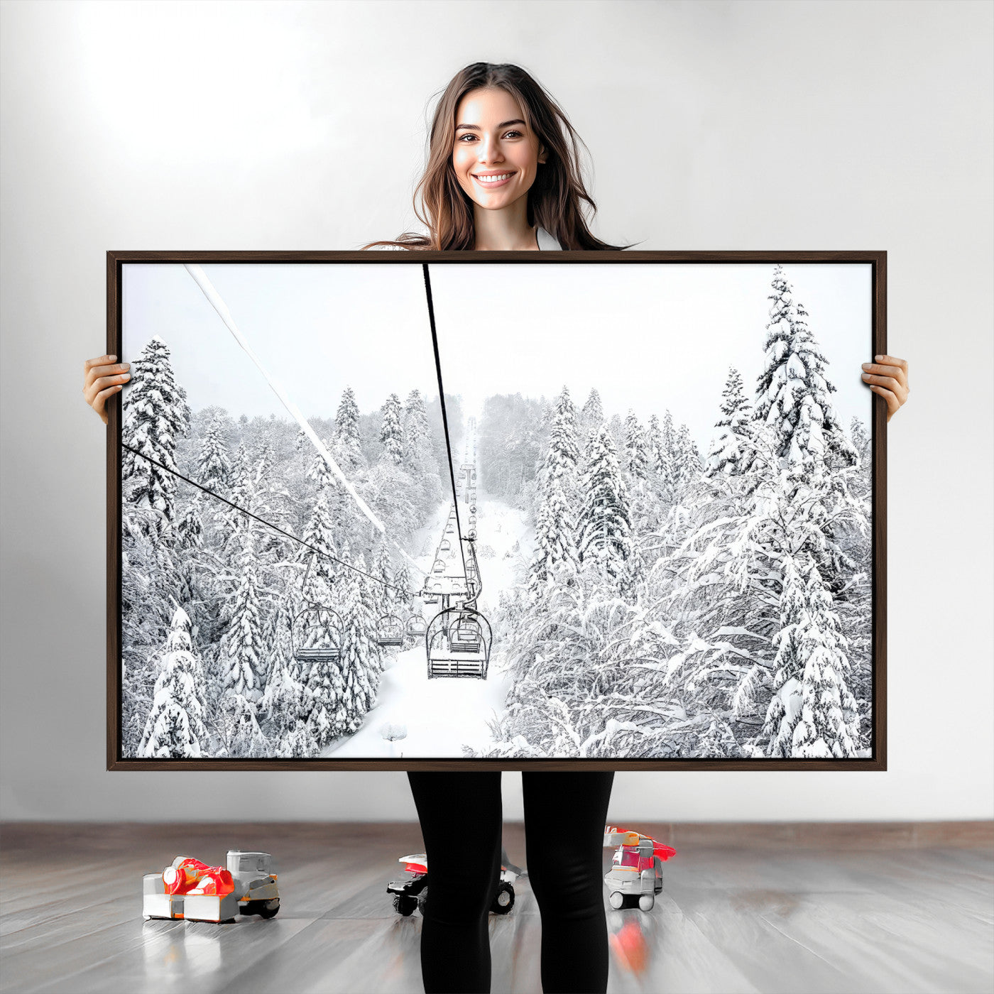 Winter Forest Wall Art Canvas Print, Framed Snowy Forest Art Picture Print, Winter Ski Lift Perfect Scandinavian Minimalist 3/3 Decor