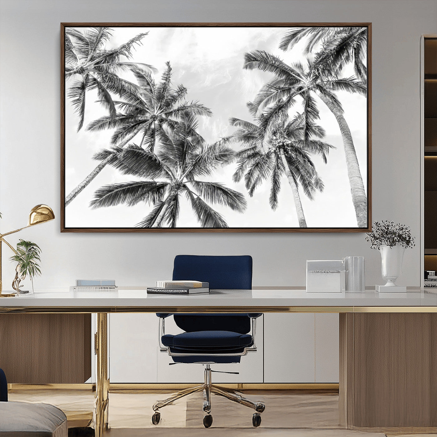 MGV-FC-36X24 - Black White Palm Wall Art Canvas Print, Framed Monochrome Tropics Art Picture Print, Minimalist Beach Perfect Coastal Minimalist Decor Artwork